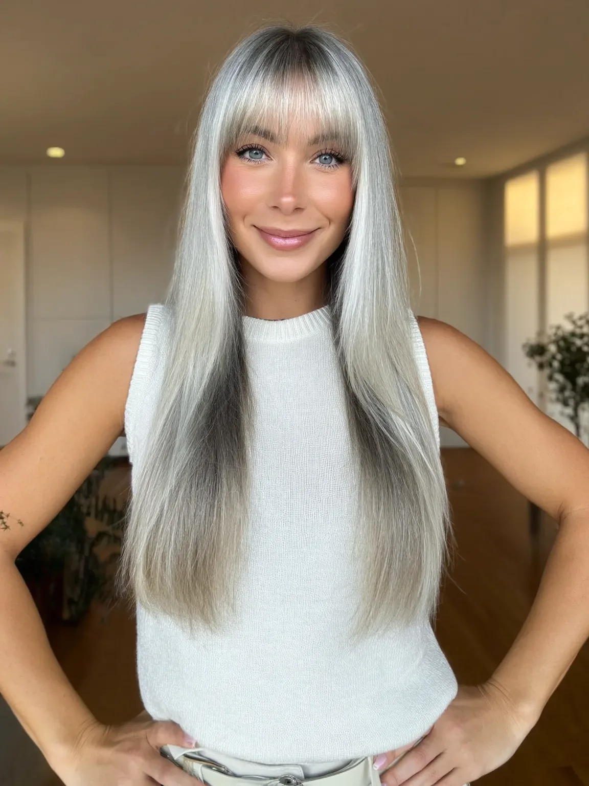 Silver Straight Layers with Bold Blunt Bangs